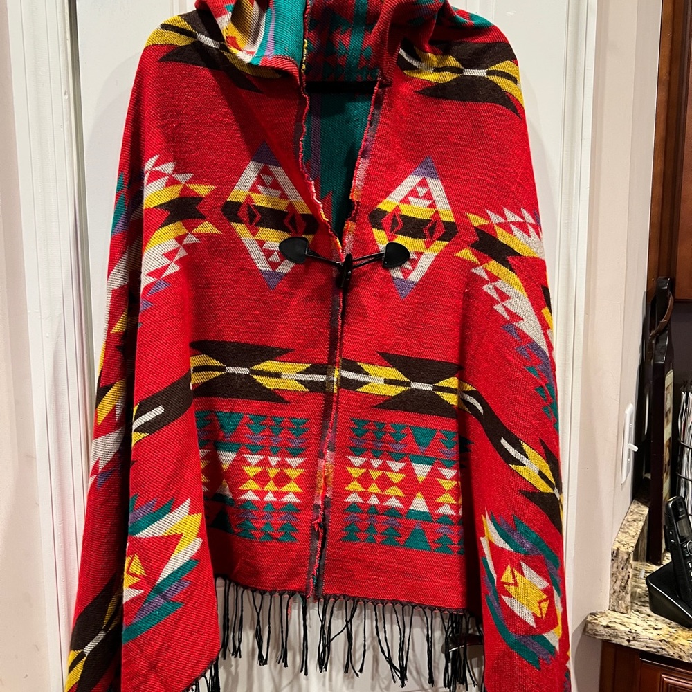 Native American Patterned Red Multivolored Hooded… - image 2